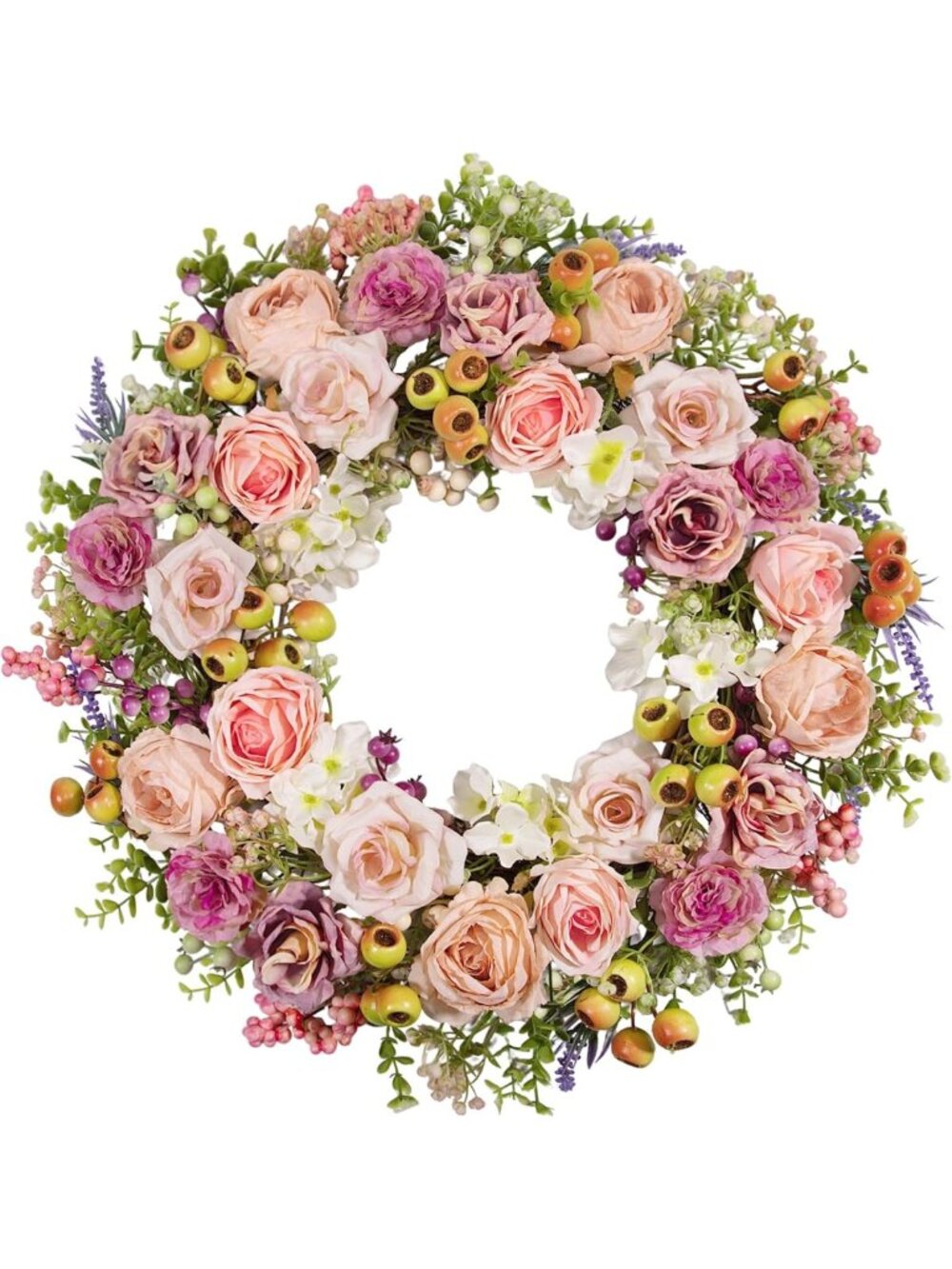 22-Inch Vintage Pink Rose Floral Wreath with Pomegranate & Berries for Home